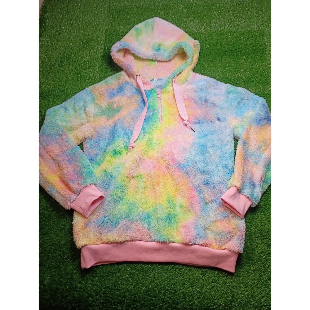 Tie Dye Hoodie Pink Blue Green Yellow Faux Fur size M